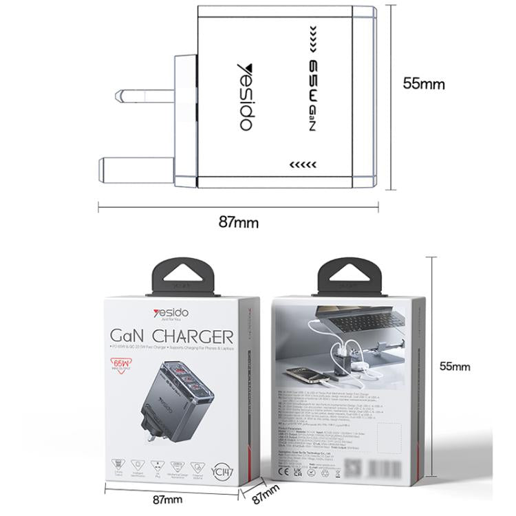 Cargador rápido de tres puertos Yesido YC147 de 65 W con tecnología Mecha GaN, YC147