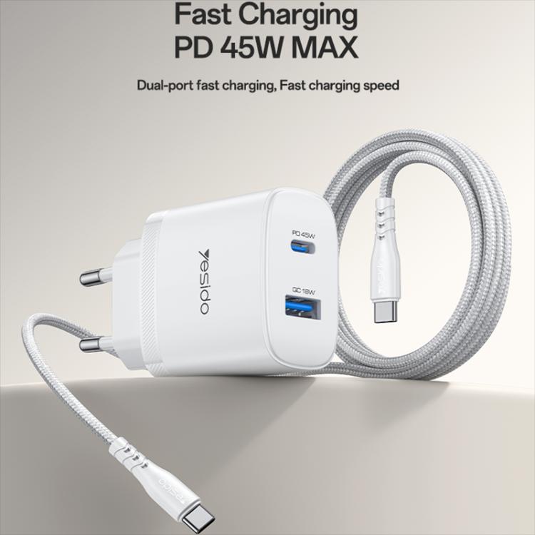 Cargador rápido Yesido PD45W con interfaz dual USB y Tipo-C, EU Plug, UK Plug, US Plug