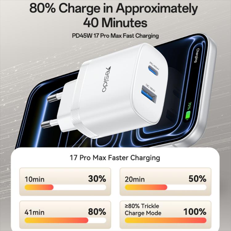 Cargador rápido Yesido PD45W con interfaz dual USB y Tipo-C, EU Plug, UK Plug, US Plug