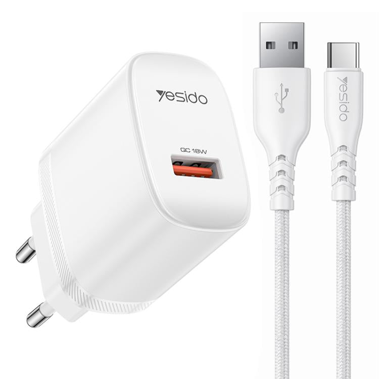Cargador Yesido de 18 W con interfaz USB única y cable USB a tipo C., EU Plug, UK Plug, US Plug