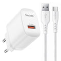 Cargador Yesido de 18 W con interfaz USB única y cable USB a tipo C., EU Plug, UK Plug, US Plug