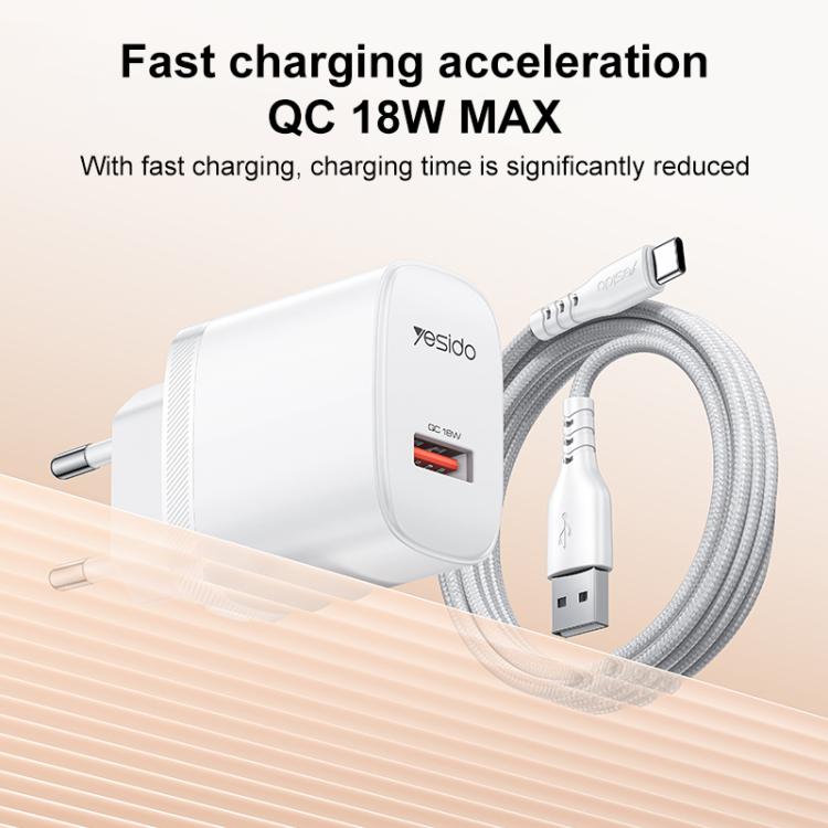 Cargador Yesido de 18 W con interfaz USB única y cable USB a tipo C., EU Plug, UK Plug, US Plug