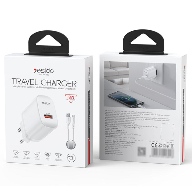 Cargador Yesido de 18 W con interfaz USB única y cable USB a tipo C., EU Plug, UK Plug, US Plug