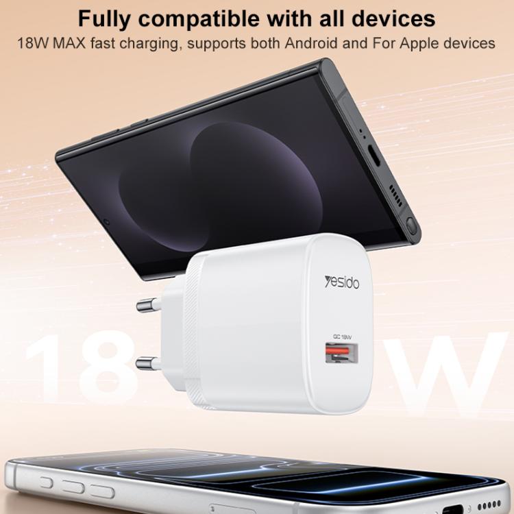 Cargador Yesido de 18 W con interfaz USB única y cable USB a tipo C., EU Plug, UK Plug, US Plug