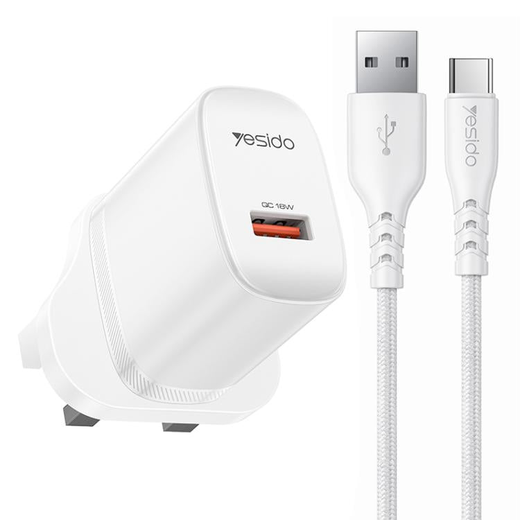 Cargador Yesido de 18 W con interfaz USB única y cable USB a tipo C., EU Plug, UK Plug, US Plug
