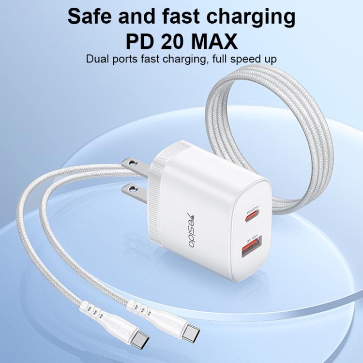 Conjunto de cargador Yesido YC19U PD20W USB-C/Tipo-C y QC18W USB-A con doble puerto y cable Tipo-C a Tipo-C., YC19U