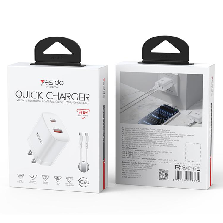 Conjunto de cargador Yesido YC19U PD20W USB-C/Tipo-C y QC18W USB-A con doble puerto y cable Tipo-C a Tipo-C., YC19U