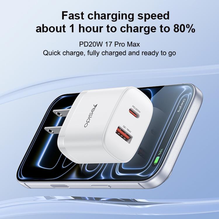 Conjunto de cargador Yesido YC19U PD20W USB-C/Tipo-C y QC18W USB-A con doble puerto y cable Tipo-C a Tipo-C., YC19U
