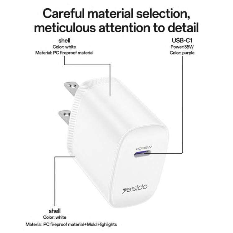 Yesido YC20U PD35W Cargador rápido de un solo puerto USB-C/Tipo-C con cable Tipo-C a Tipo-C, YC20U