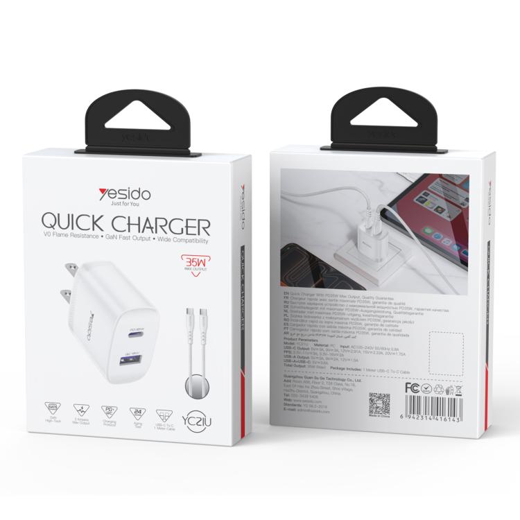 Yesido PD35W, kit de cargador rápido USB tipo C con cable tipo C a tipo C., US Plug, EU Plug, UK Plug