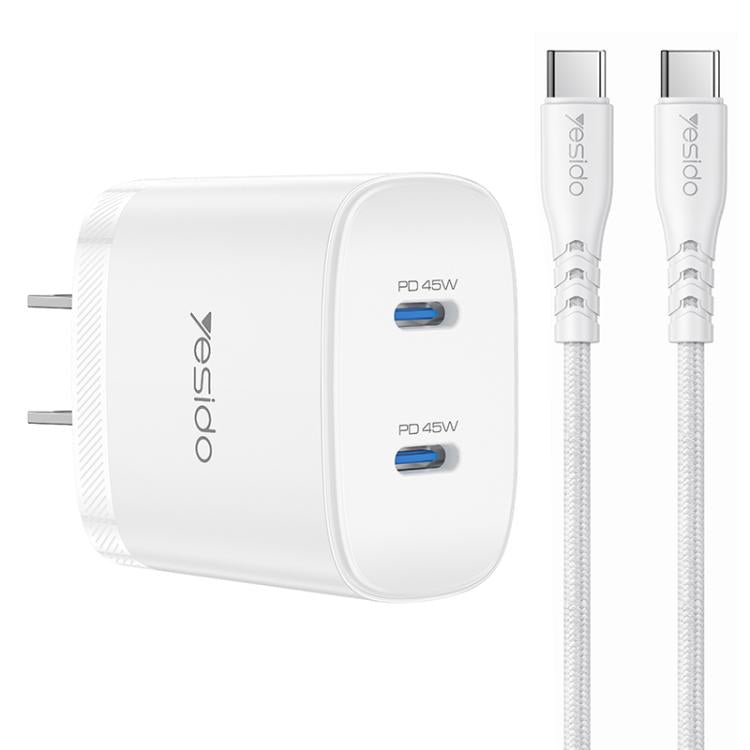Kit de cargador rápido doble USB-C Yesido PD45W con cable USB-C a USB-C., US Plug, EU Plug, UK Plug