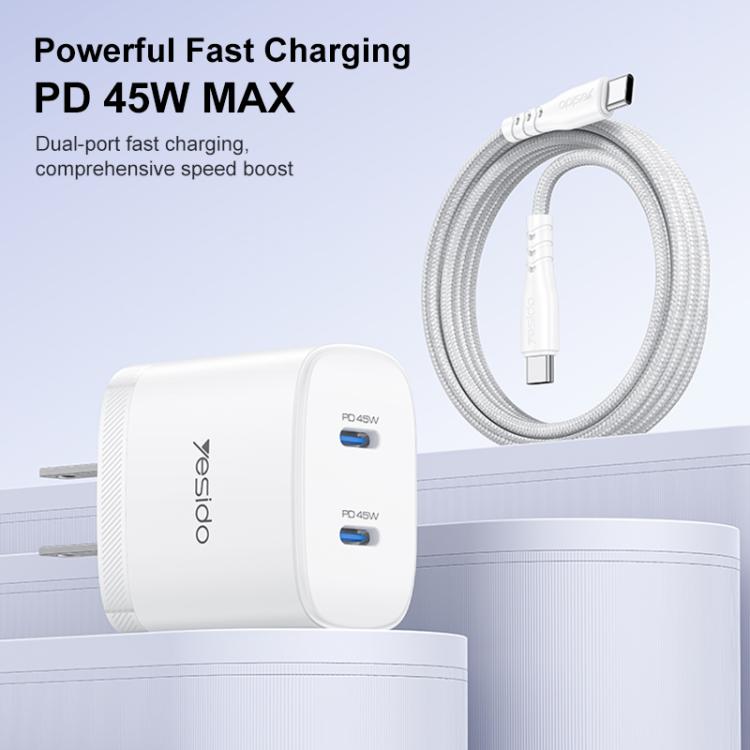 Kit de cargador rápido doble USB-C Yesido PD45W con cable USB-C a USB-C., US Plug, EU Plug, UK Plug