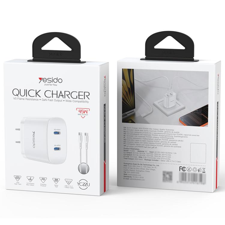 Kit de cargador rápido doble USB-C Yesido PD45W con cable USB-C a USB-C., US Plug, EU Plug, UK Plug
