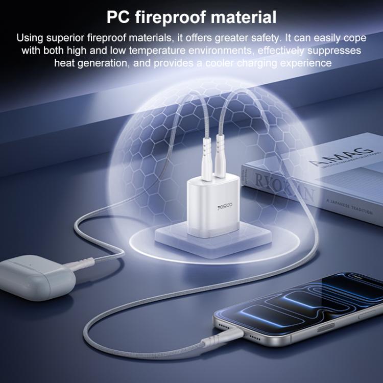Kit de cargador rápido doble USB-C Yesido PD45W con cable USB-C a USB-C., US Plug, EU Plug, UK Plug