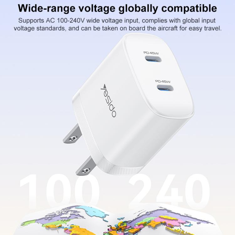 Kit de cargador rápido doble USB-C Yesido PD45W con cable USB-C a USB-C., US Plug, EU Plug, UK Plug