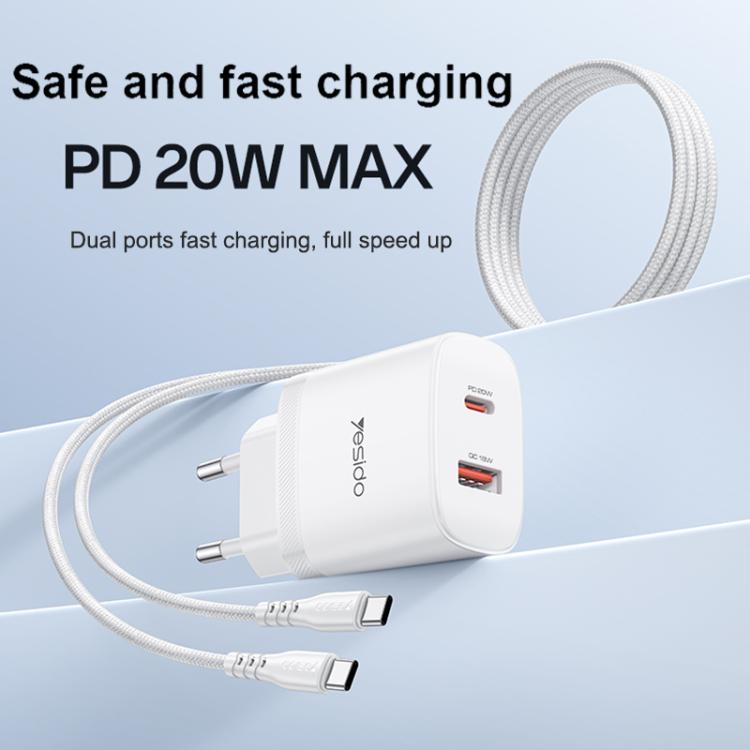 Conjunto de cargador Yesido YC106 PD20W USB-C/Tipo-C y QC18W USB-A con doble puerto y cable Tipo-C a Tipo-C., YC106