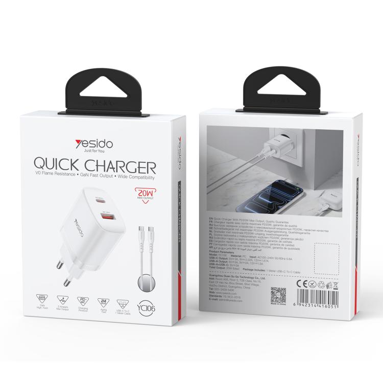 Conjunto de cargador Yesido YC106 PD20W USB-C/Tipo-C y QC18W USB-A con doble puerto y cable Tipo-C a Tipo-C., YC106