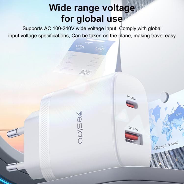 Conjunto de cargador Yesido YC106 PD20W USB-C/Tipo-C y QC18W USB-A con doble puerto y cable Tipo-C a Tipo-C., YC106