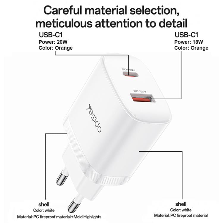 Conjunto de cargador Yesido YC106 PD20W USB-C/Tipo-C y QC18W USB-A con doble puerto y cable Tipo-C a Tipo-C., YC106