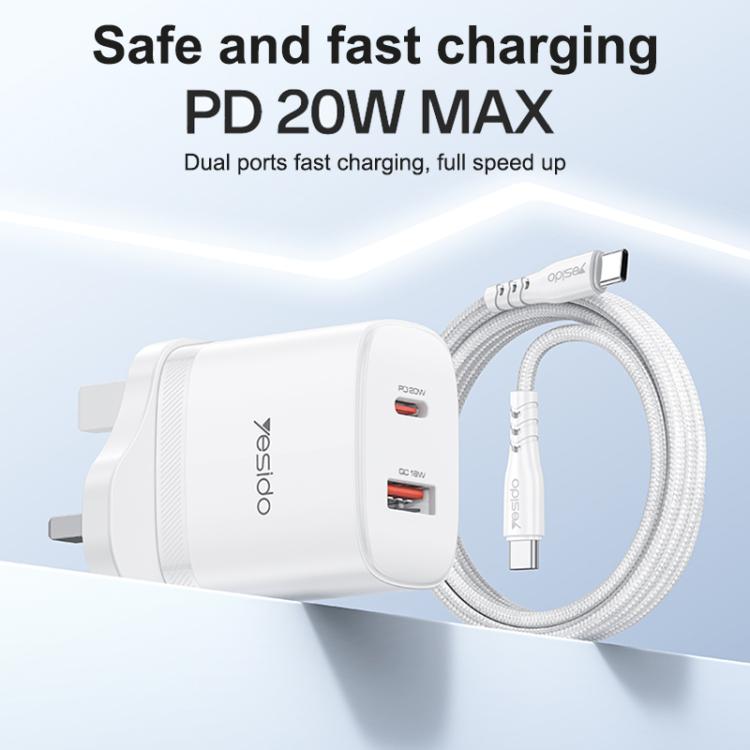 Conjunto de cargador Yesido YC152 PD20W USB-C/Tipo-C y QC18W USB-A con doble puerto y cable Tipo-C a Tipo-C., YC152