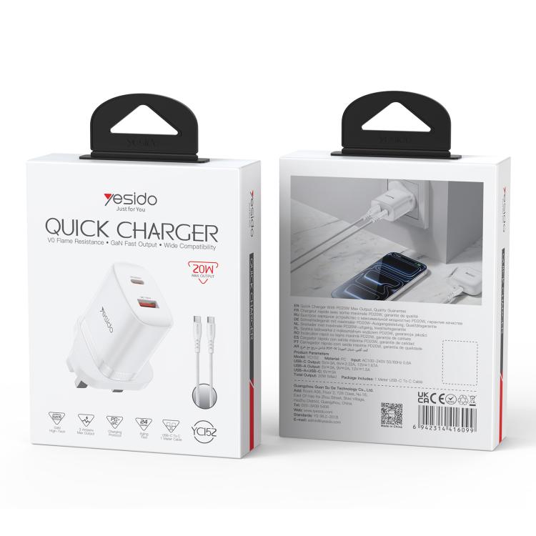 Conjunto de cargador Yesido YC152 PD20W USB-C/Tipo-C y QC18W USB-A con doble puerto y cable Tipo-C a Tipo-C., YC152