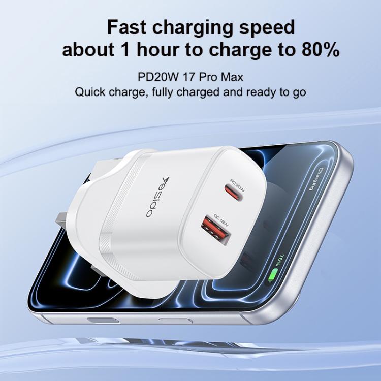 Conjunto de cargador Yesido YC152 PD20W USB-C/Tipo-C y QC18W USB-A con doble puerto y cable Tipo-C a Tipo-C., YC152