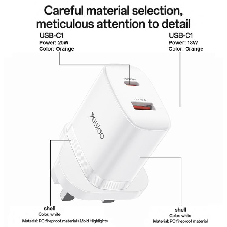 Conjunto de cargador Yesido YC152 PD20W USB-C/Tipo-C y QC18W USB-A con doble puerto y cable Tipo-C a Tipo-C., YC152