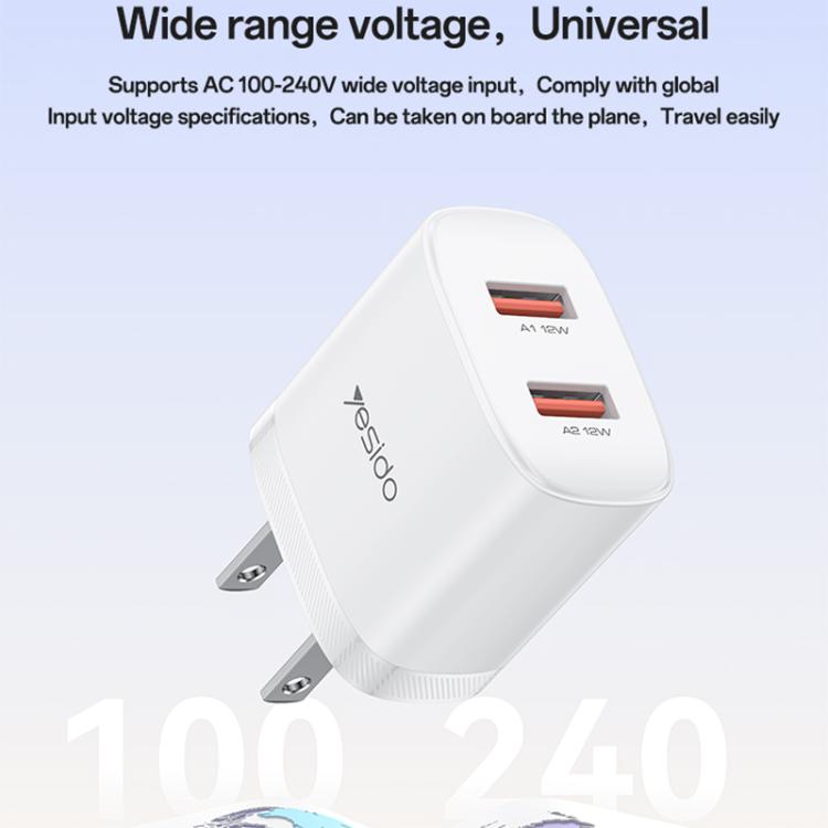 Cargador Yesido YC17U de 12 W y 2,4 A con dos puertos USB y cable de datos USB a tipo C de 1 m., YC17U