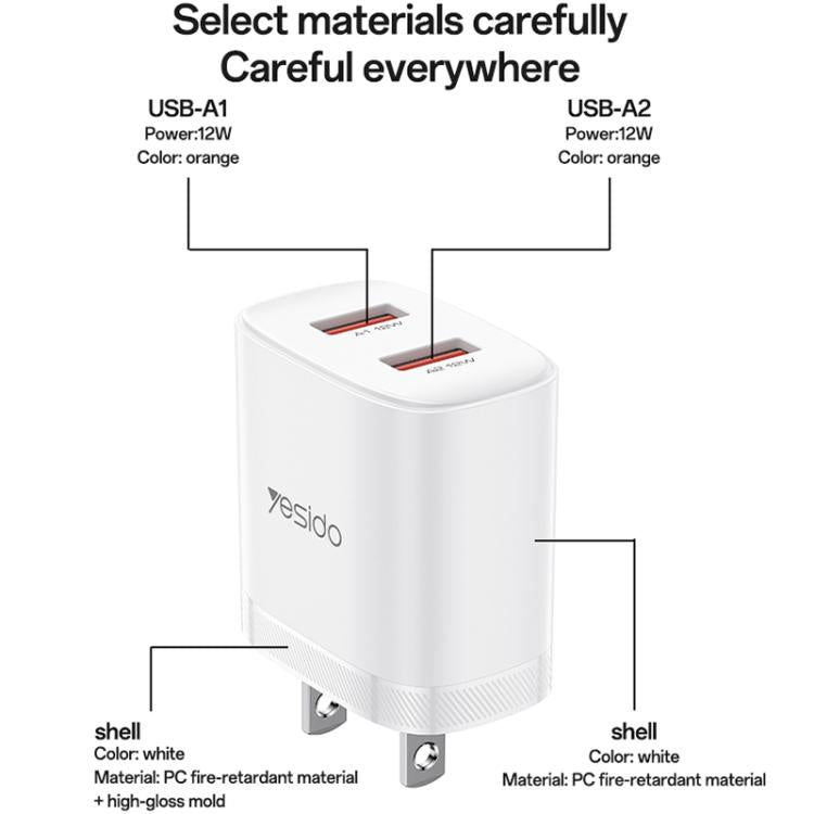 Cargador Yesido YC17U de 12 W y 2,4 A con dos puertos USB y cable de datos USB a tipo C de 1 m., YC17U