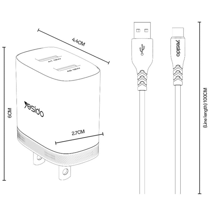 Cargador Yesido YC17U de 12 W y 2,4 A con dos puertos USB y cable de datos USB a tipo C de 1 m., YC17U