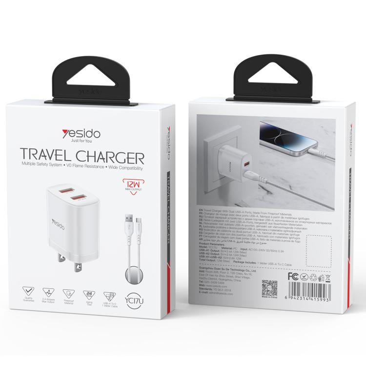 Cargador Yesido YC17U de 12 W y 2,4 A con dos puertos USB y cable de datos USB a tipo C de 1 m., YC17U