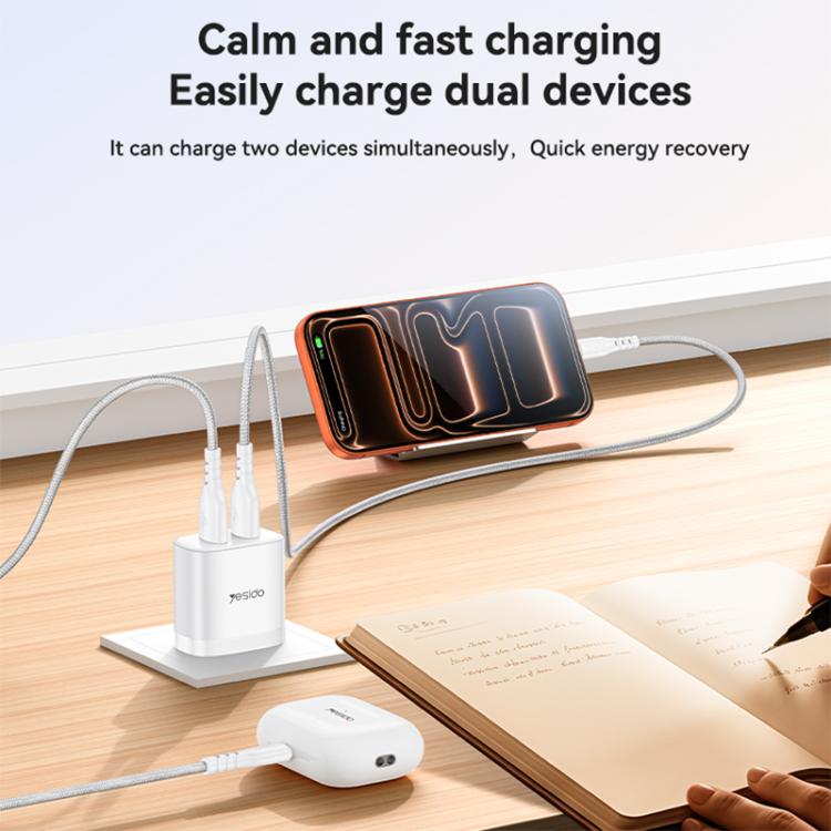 Cargador Yesido YC17U de 12 W y 2,4 A con dos puertos USB y cable de datos USB a tipo C de 1 m., YC17U