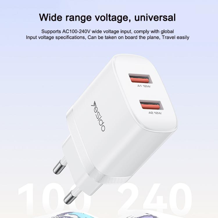 Cargador Yesido YC104 de 12 W y 2,4 A con dos puertos USB y cable de datos USB a tipo C de 1 m., YC104