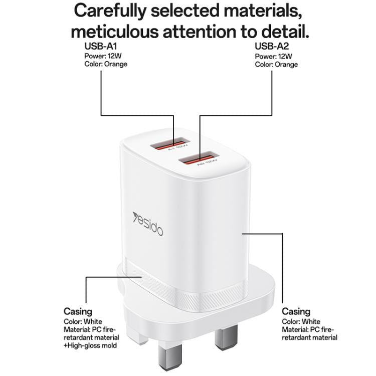 Cargador Yesido YC150 de 12 W y 2,4 A con dos puertos USB y cable de datos USB a tipo C de 1 m., YC150