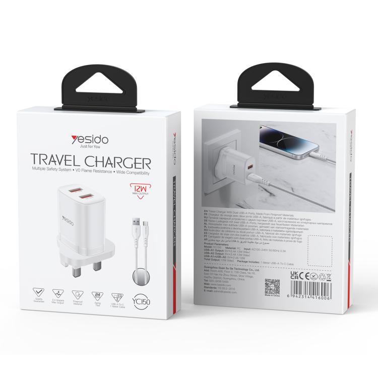Cargador Yesido YC150 de 12 W y 2,4 A con dos puertos USB y cable de datos USB a tipo C de 1 m., YC150