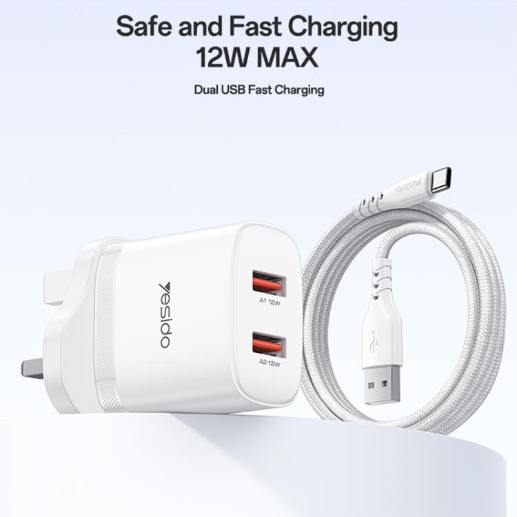 Cargador Yesido YC150 de 12 W y 2,4 A con dos puertos USB y cable de datos USB a tipo C de 1 m., YC150