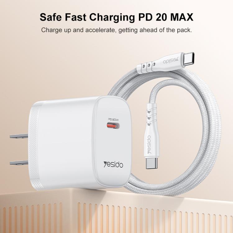 Conjunto de cargador Yesido YC18U PD20W Tipo-C con cable de datos Tipo-C a Tipo-C de 1 m, YC18U