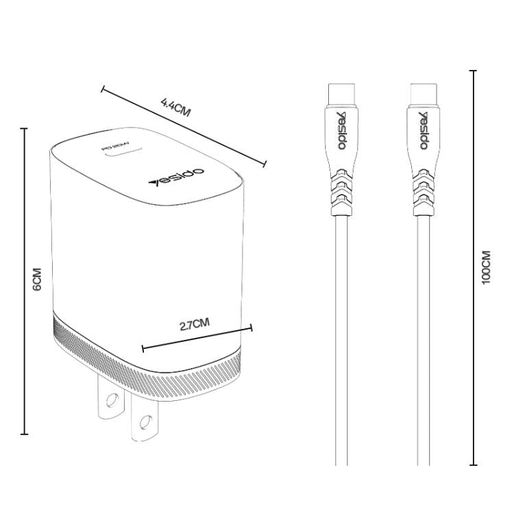 Conjunto de cargador Yesido YC18U PD20W Tipo-C con cable de datos Tipo-C a Tipo-C de 1 m, YC18U