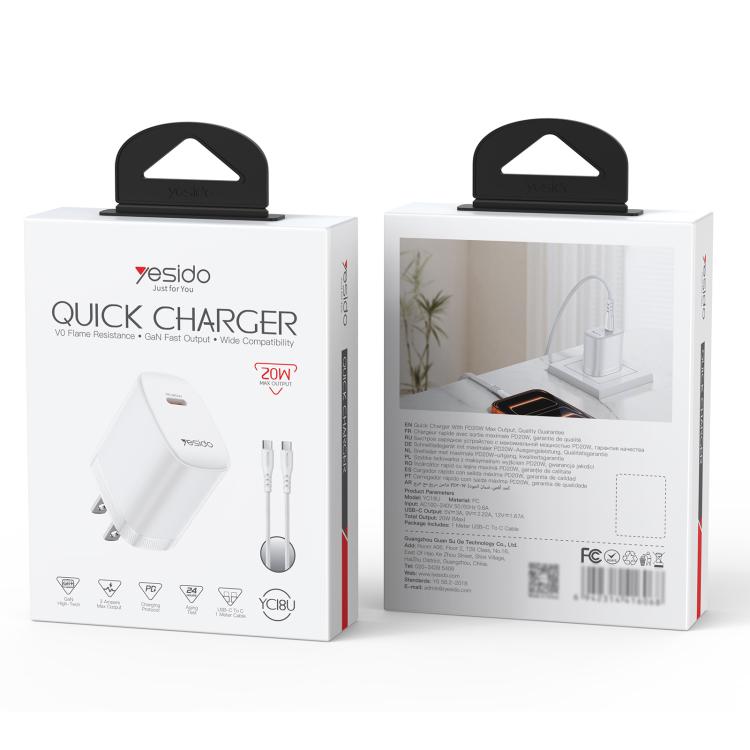 Conjunto de cargador Yesido YC18U PD20W Tipo-C con cable de datos Tipo-C a Tipo-C de 1 m, YC18U