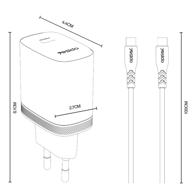 Conjunto de cargador Yesido YC105 PD20W Tipo-C con cable de datos Tipo-C a Tipo-C de 1 m, YC105