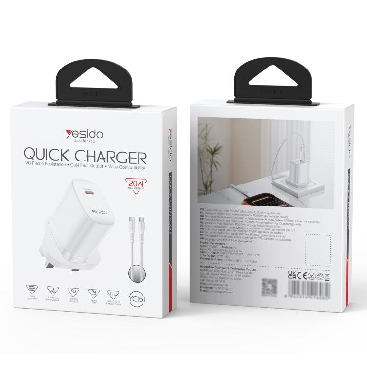 Conjunto de cargador Yesido YC151 PD20W Tipo-C con cable de datos Tipo-C a Tipo-C de 1 m, YC151