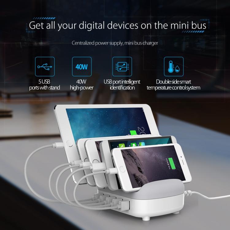 Estación de carga inteligente ORICO DUK-5P de 40 W con 5 puertos USB y soporte., US Plug, UK Plug, AU Plug