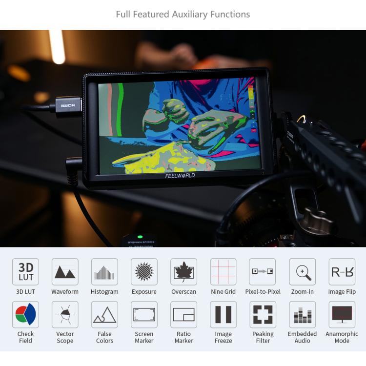 FEELWORLD S55E Monitor de vídeo de campo para cámara DSLR de 5,5 pulgadas, FHD IPS, compatible con 4K, entrada y salida HDMI, brazo inclinable, salida de alimentación