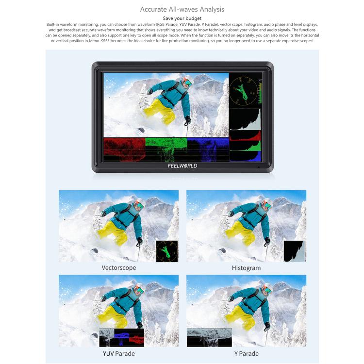 FEELWORLD S55E Monitor de vídeo de campo para cámara DSLR de 5,5 pulgadas, FHD IPS, compatible con 4K, entrada y salida HDMI, brazo inclinable, salida de alimentación
