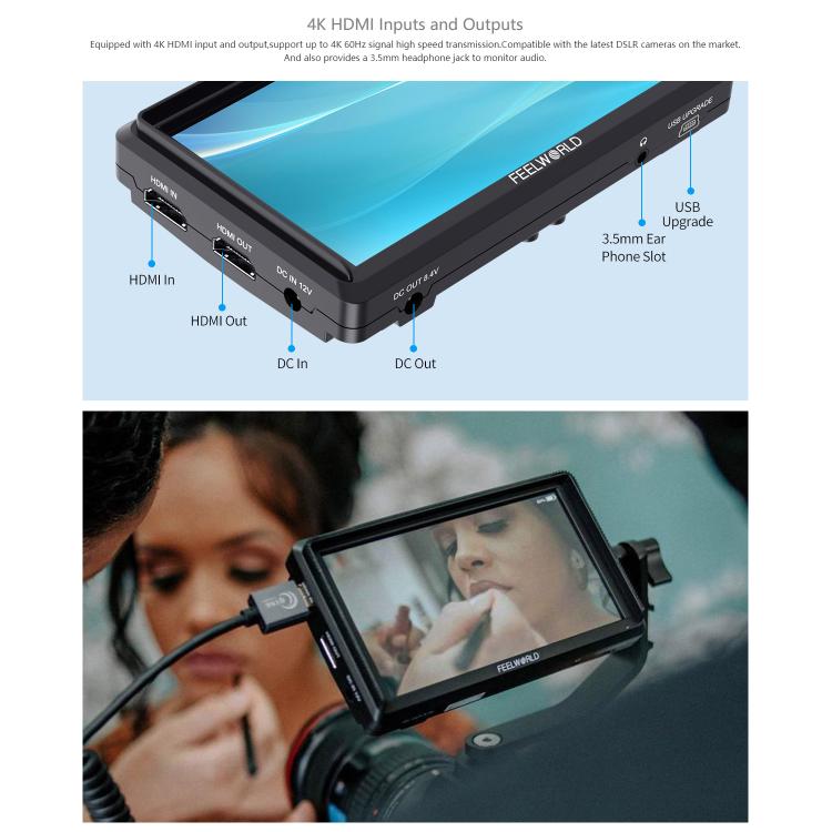 FEELWORLD S55E Monitor de vídeo de campo para cámara DSLR de 5,5 pulgadas, FHD IPS, compatible con 4K, entrada y salida HDMI, brazo inclinable, salida de alimentación