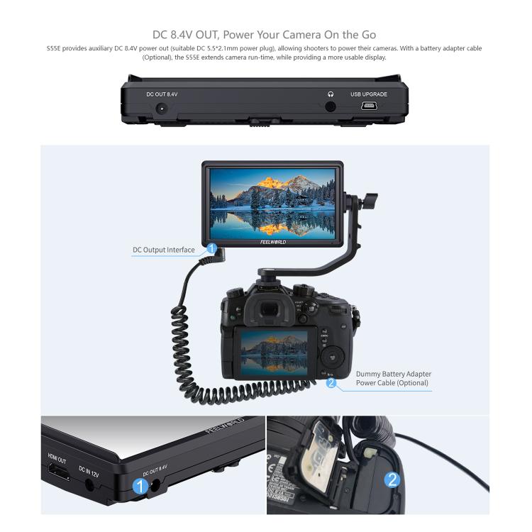 FEELWORLD S55E Monitor de vídeo de campo para cámara DSLR de 5,5 pulgadas, FHD IPS, compatible con 4K, entrada y salida HDMI, brazo inclinable, salida de alimentación