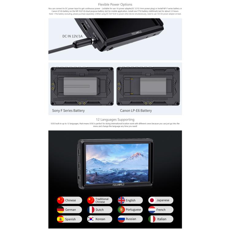 FEELWORLD S55E Monitor de vídeo de campo para cámara DSLR de 5,5 pulgadas, FHD IPS, compatible con 4K, entrada y salida HDMI, brazo inclinable, salida de alimentación