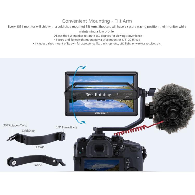 FEELWORLD S55E Monitor de vídeo de campo para cámara DSLR de 5,5 pulgadas, FHD IPS, compatible con 4K, entrada y salida HDMI, brazo inclinable, salida de alimentación
