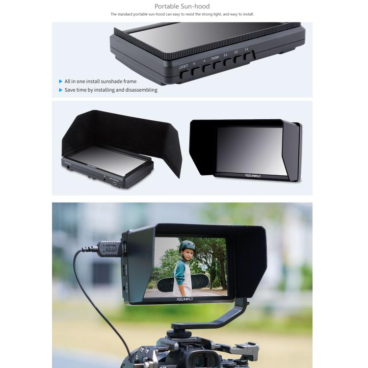 FEELWORLD S55E Monitor de vídeo de campo para cámara DSLR de 5,5 pulgadas, FHD IPS, compatible con 4K, entrada y salida HDMI, brazo inclinable, salida de alimentación