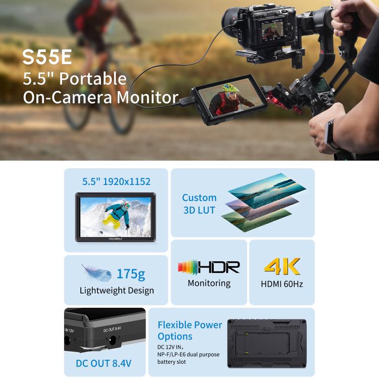 FEELWORLD S55E Monitor de vídeo de campo para cámara DSLR de 5,5 pulgadas, FHD IPS, compatible con 4K, entrada y salida HDMI, brazo inclinable, salida de alimentación